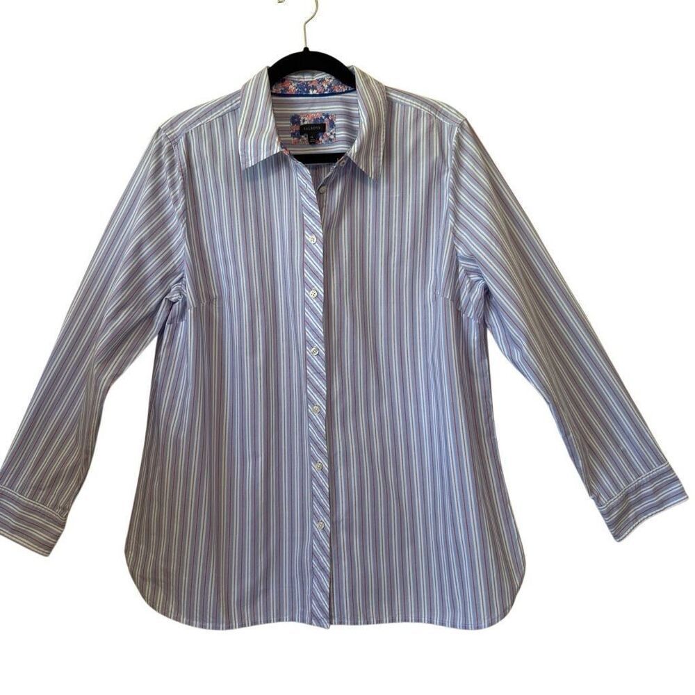 Talbots Blouse Blue, Red & White Striped Button Up Sz XL Preppy, Classic